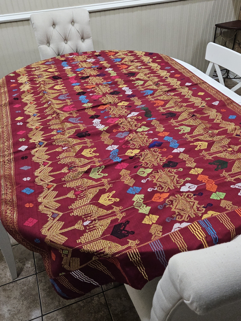 42"×70" Handloom Red Embroidered Tablecloth - Ethnic Pattern